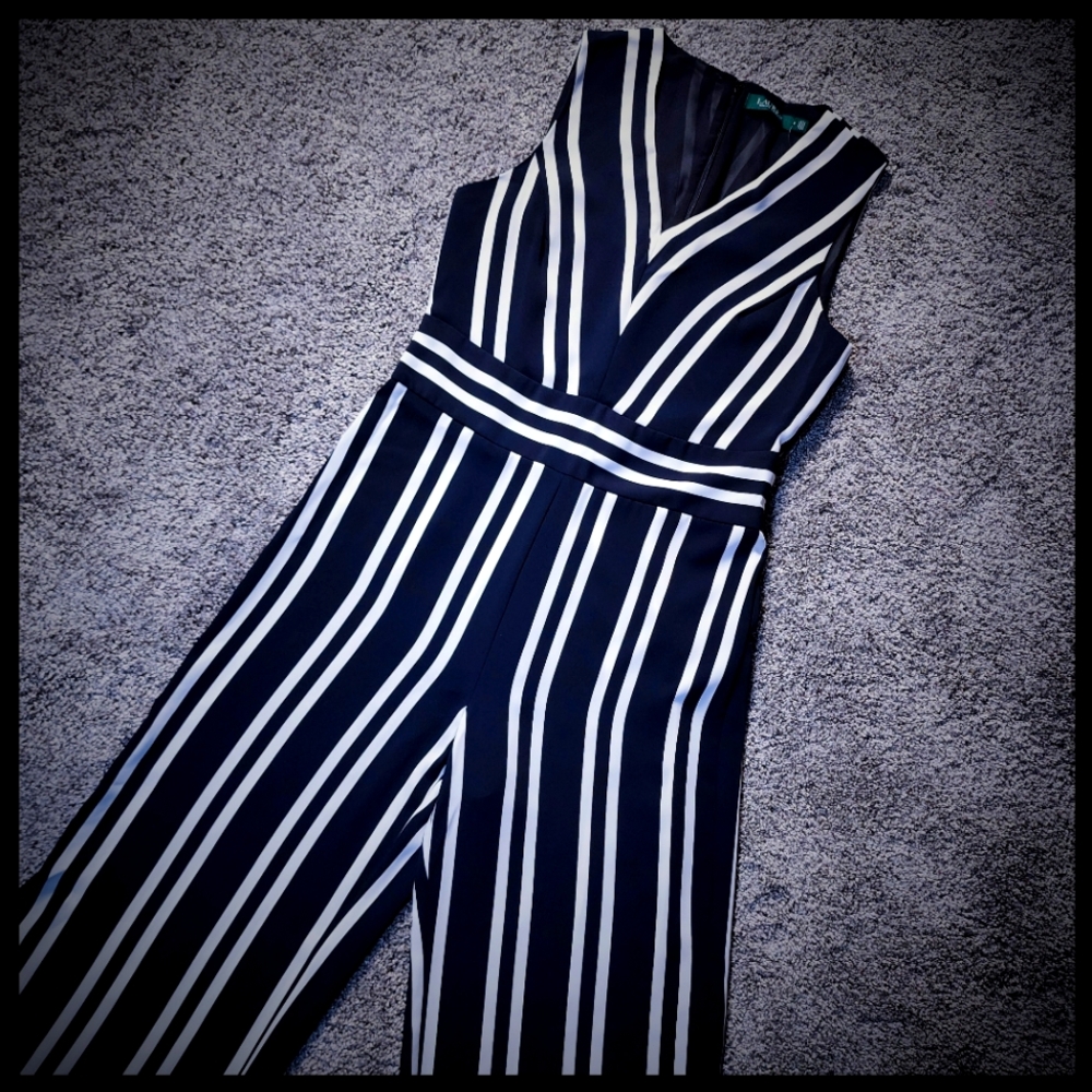 Lauren Ralph Lauren Black And White Striped Wide-Leg Jumpsuit Size 8